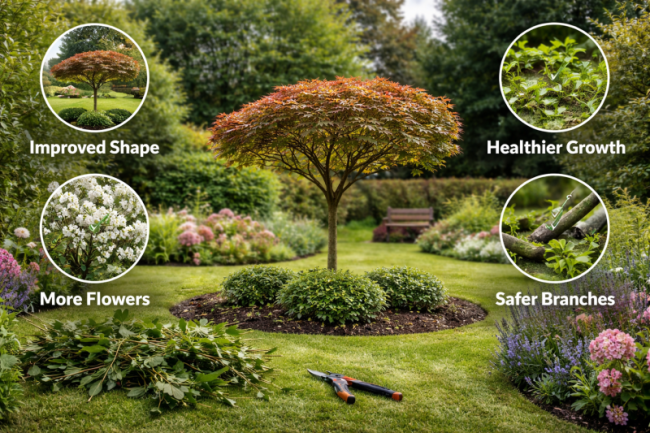 Well maintained garden in Blandford Forum with a neatly pruned ornamental tree showing improved shape and healthy growth