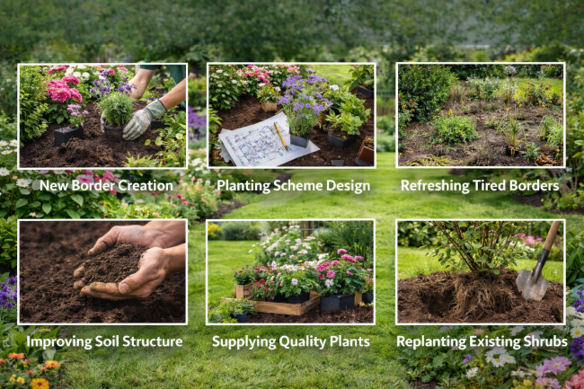 Garden planting services in Blandford Forum showing new border creation, plant selection, and soil preparation in a landscaped garden
