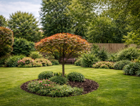 Small ornamental tree in a landscaped garden in Blandford Forum maintained and shaped through professional pruning