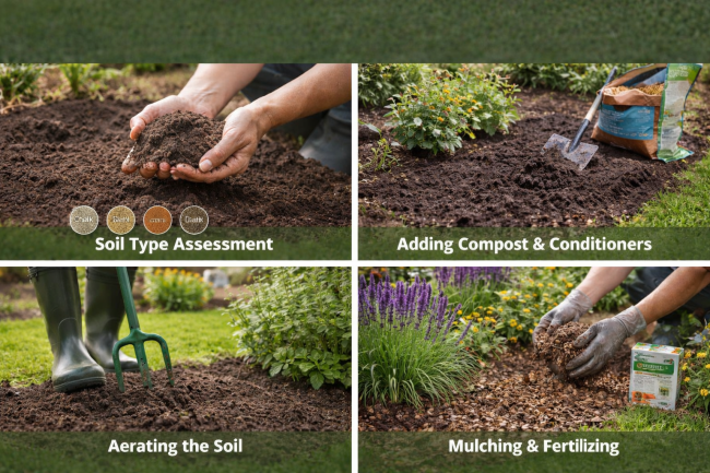 Garden soil preparation in Blandford Forum showing composting, soil conditioning, and mulching for healthy plant growth